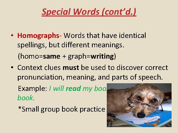 Special Words (cont’d. ) • Homographs- Words that have identical spellings, but different meanings.