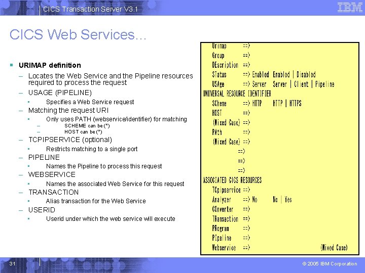 CICS Transaction Server V 3. 1 CICS Web Services… § URIMAP definition – Locates