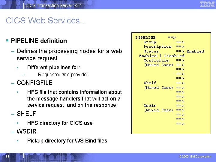 CICS Transaction Server V 3. 1 CICS Web Services… § PIPELINE definition – Defines