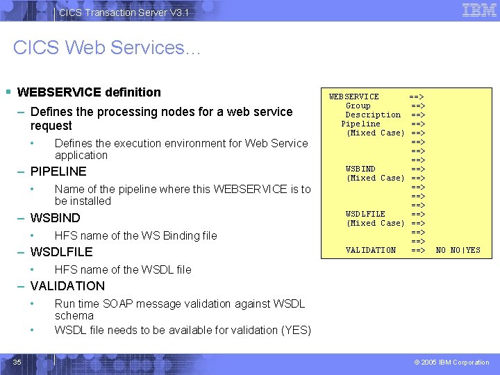 CICS Transaction Server V 3. 1 CICS Web Services… § WEBSERVICE definition – Defines