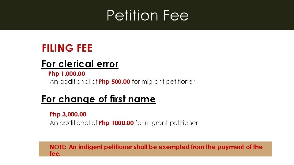 Petition Fee FILING FEE For clerical error Php 1, 000. 00 An additional of