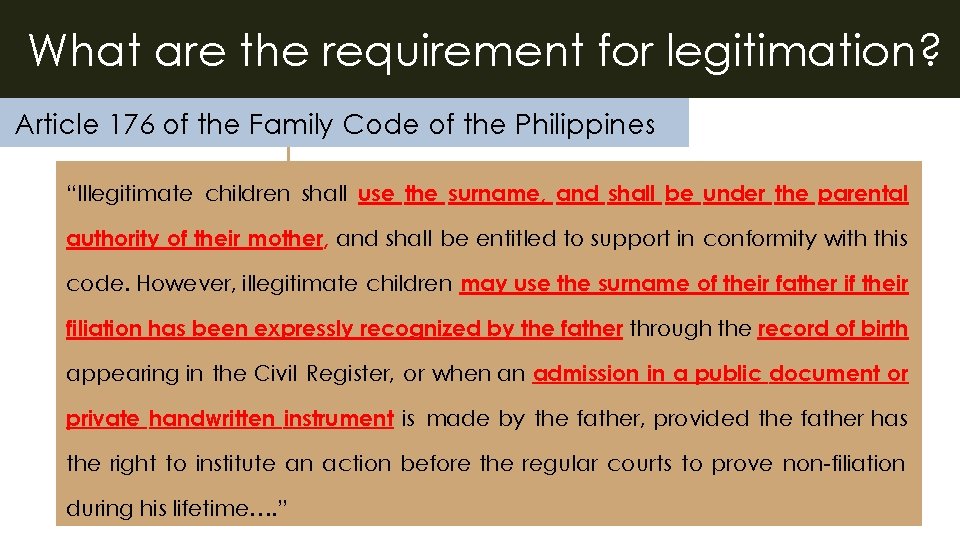 What are the requirement for legitimation? Article 176 of the Family Code of the