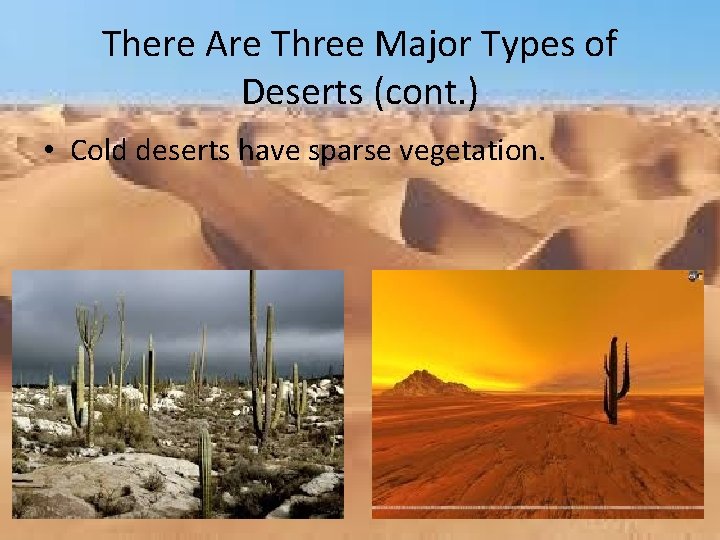 There Are Three Major Types of Deserts (cont. ) • Cold deserts have sparse