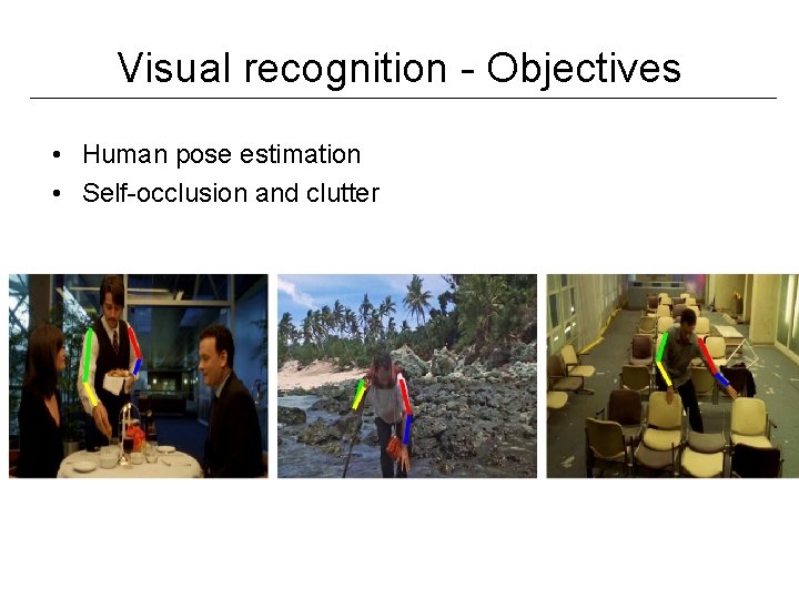 Visual recognition - Objectives • Human pose estimation • Self-occlusion and clutter Visual recognition - Objectives • Human pose estimation • Self-occlusion and clutter