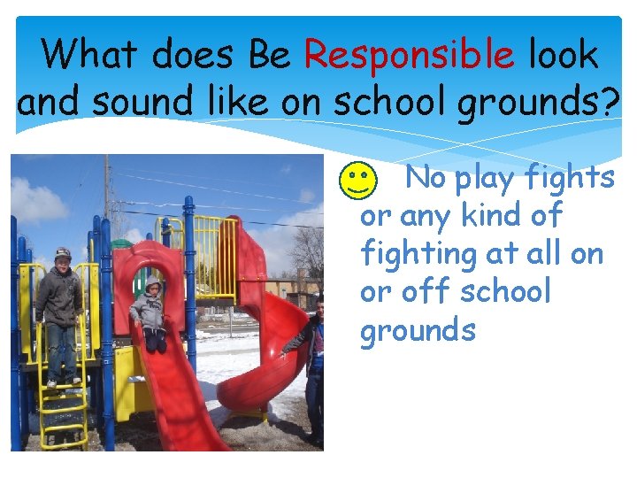 What does Be Responsible look and sound like on school grounds? Place Picture here