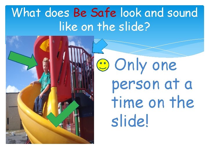 What does Be Safe look and sound like on the slide? Place Picture here