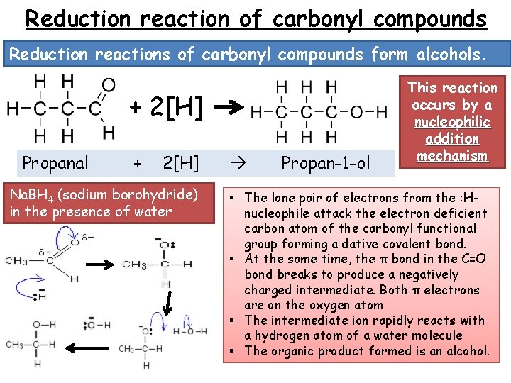 Reduction reaction of carbonyl compounds Reduction reactions of carbonyl compounds form alcohols. + 2[H]