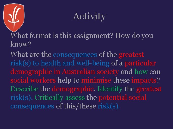 Activity What format is this assignment? How do you know? What are the consequences Activity What format is this assignment? How do you know? What are the consequences