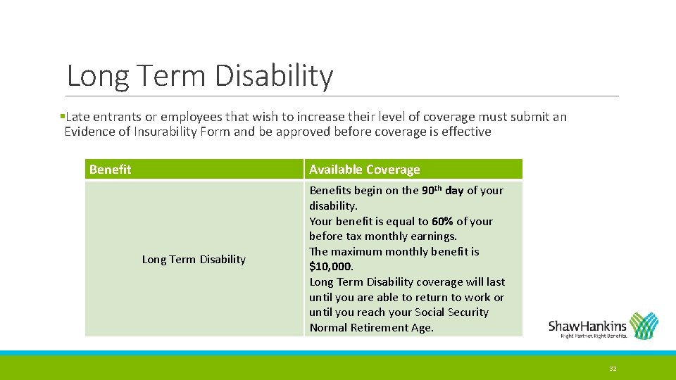 Long Term Disability §Late entrants or employees that wish to increase their level of