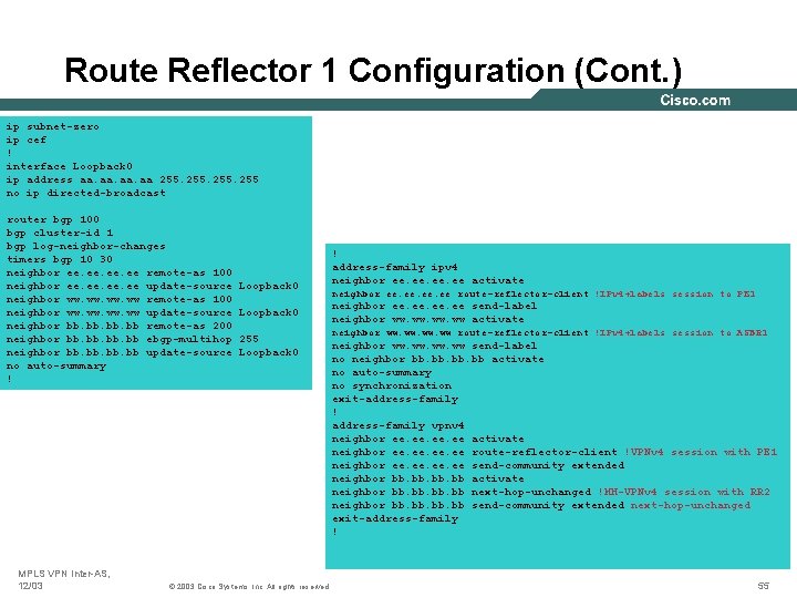 Route Reflector 1 Configuration (Cont. ) ip subnet-zero ip cef ! interface Loopback 0