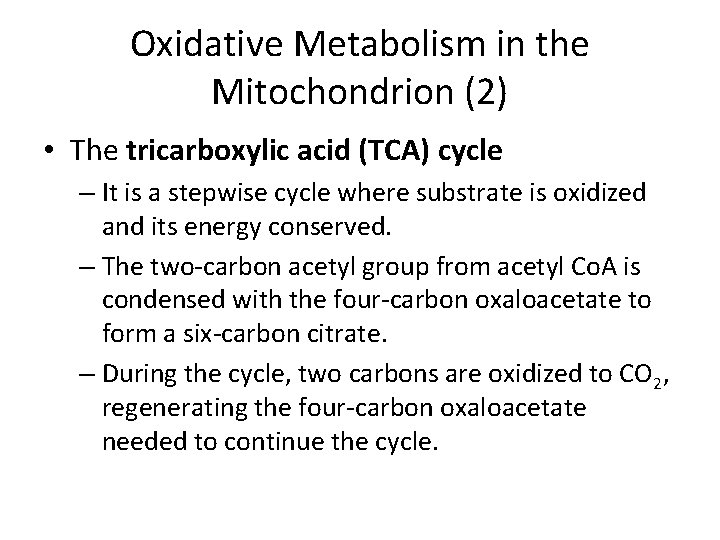Oxidative Metabolism in the Mitochondrion (2) • The tricarboxylic acid (TCA) cycle – It
