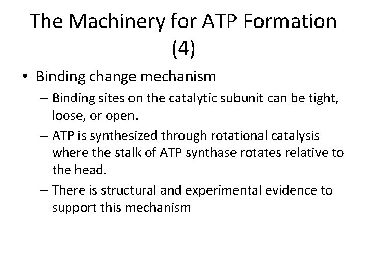 The Machinery for ATP Formation (4) • Binding change mechanism – Binding sites on