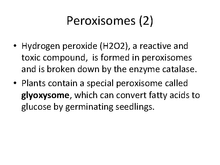 Peroxisomes (2) • Hydrogen peroxide (H 2 O 2), a reactive and toxic compound,