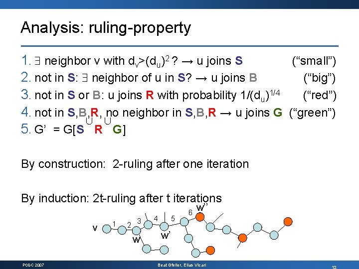 Analysis: ruling property 1. neighbor v with dv>(du)2 ? → u joins S (“small”)