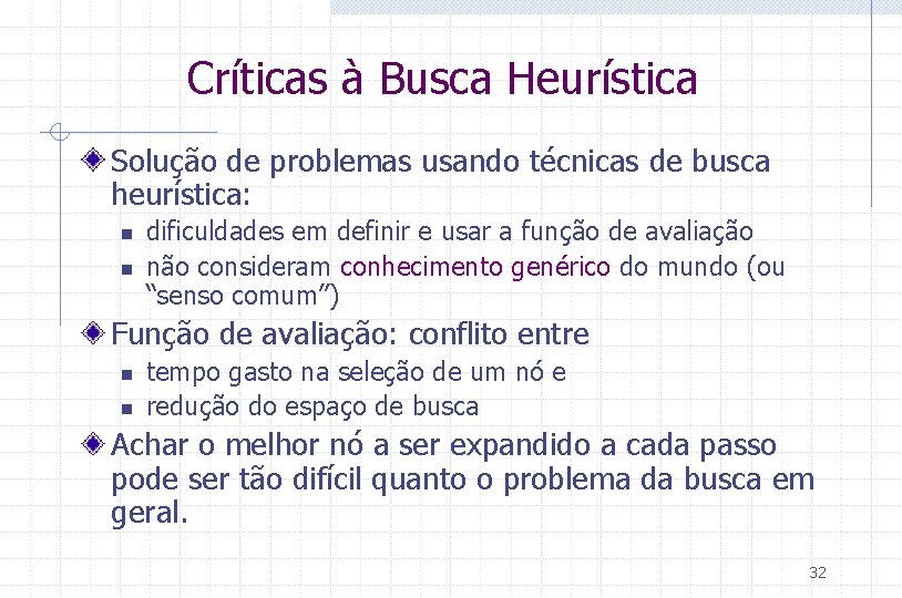 Críticas à Busca Heurística Solução de problemas usando técnicas de busca heurística: n n