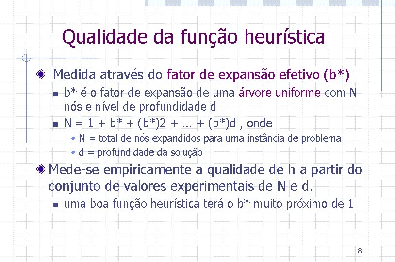 Qualidade da função heurística Medida através do fator de expansão efetivo (b*) n n