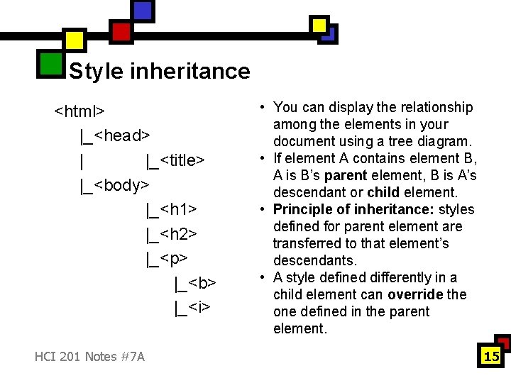 Style inheritance <html> |_<head> | |_<title> |_<body> |_<h 1> |_<h 2> |_<p> |_<b> |_<i>