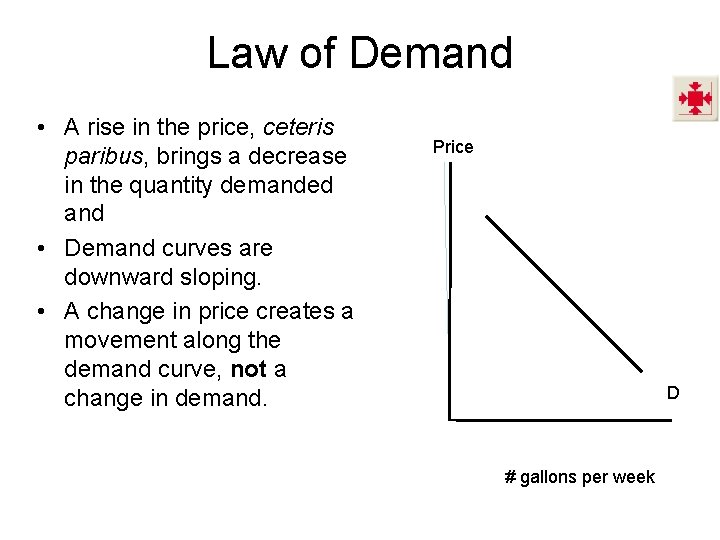 Law of Demand • A rise in the price, ceteris paribus, brings a decrease