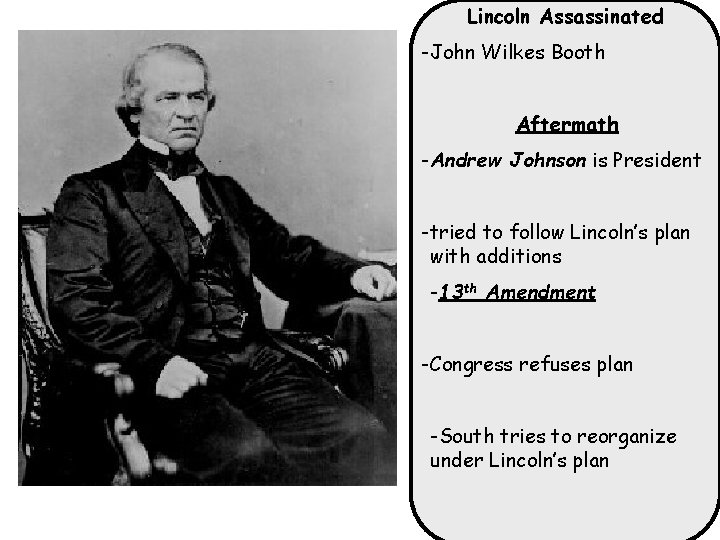 Lincoln Assassinated -John Wilkes Booth Aftermath -Andrew Johnson is President -tried to follow Lincoln’s