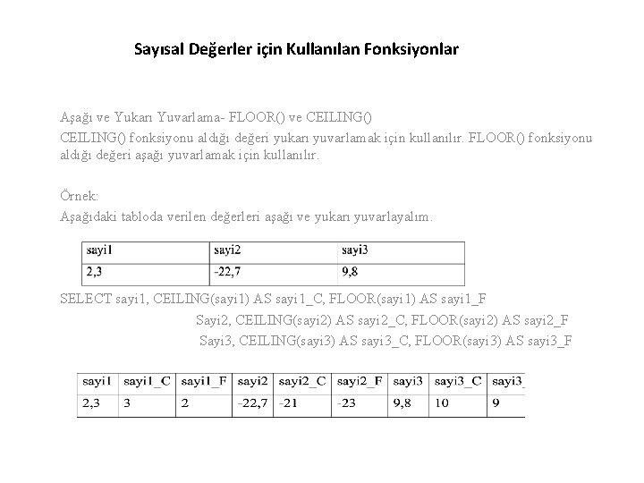 Sayısal Değerler için Kullanılan Fonksiyonlar Aşağı ve Yukarı Yuvarlama- FLOOR() ve CEILING() fonksiyonu aldığı