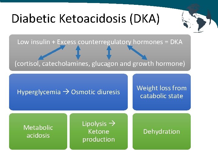 Diabetic Ketoacidosis (DKA) Low insulin + Excess counterregulatory hormones = DKA (cortisol, catecholamines, glucagon