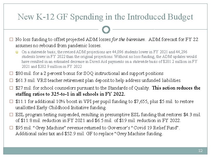 New K-12 GF Spending in the Introduced Budget 12 � No loss funding to