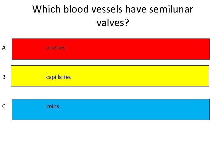 Which blood vessels have semilunar valves? A arteries B capillaries C veins 