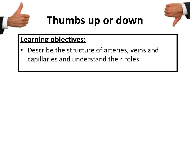 Thumbs up or down Learning objectives: • Describe the structure of arteries, veins and