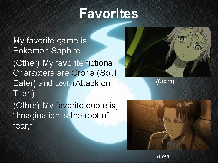 Favor. Ites My favorite game is Pokemon Saphire. (Other) My favorite fictional Characters are