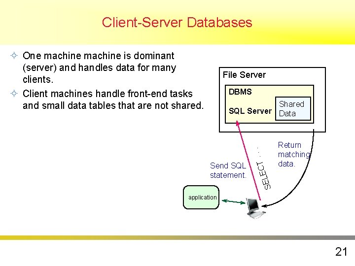 Client-Server Databases ² One machine is dominant (server) and handles data for many clients. Client-Server Databases ² One machine is dominant (server) and handles data for many clients.