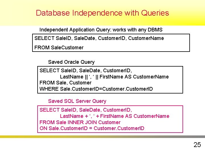 Database Independence with Queries Independent Application Query: works with any DBMS SELECT Sale. ID, Database Independence with Queries Independent Application Query: works with any DBMS SELECT Sale. ID,