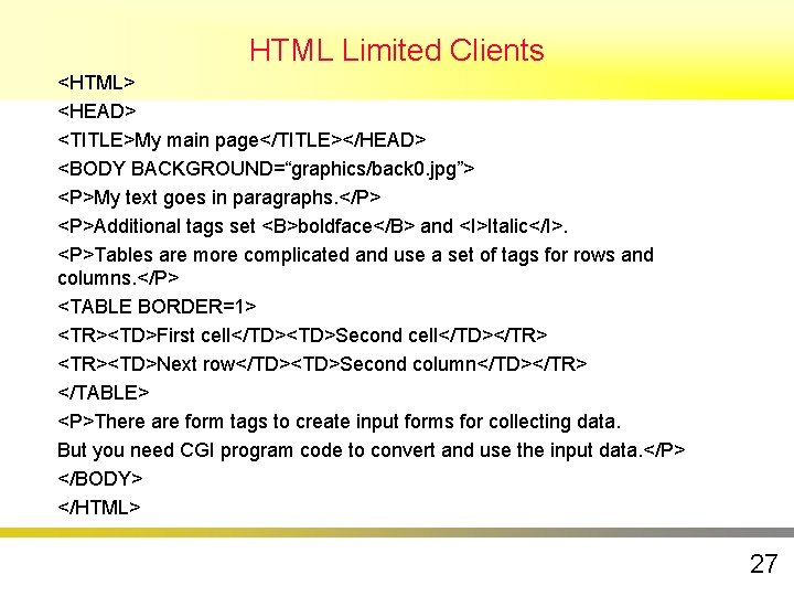 HTML Limited Clients <HTML> <HEAD> <TITLE>My main page</TITLE></HEAD> <BODY BACKGROUND=“graphics/back 0. jpg”> <P>My text HTML Limited Clients <HTML> <HEAD> <TITLE>My main page</TITLE></HEAD> <BODY BACKGROUND=“graphics/back 0. jpg”> <P>My text