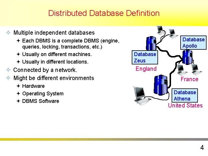 Distributed Database Definition ² Multiple independent databases ª Each DBMS is a complete DBMS Distributed Database Definition ² Multiple independent databases ª Each DBMS is a complete DBMS