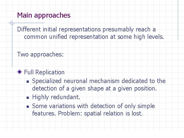 Main approaches Different initial representations presumably reach a common unified representation at some high