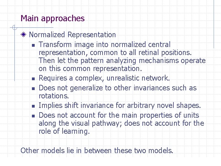 Main approaches Normalized Representation n Transform image into normalized central representation, common to all