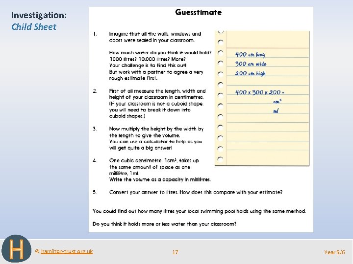 Investigation: Child Sheet © hamilton-trust. org. uk 17 Year 5/6 