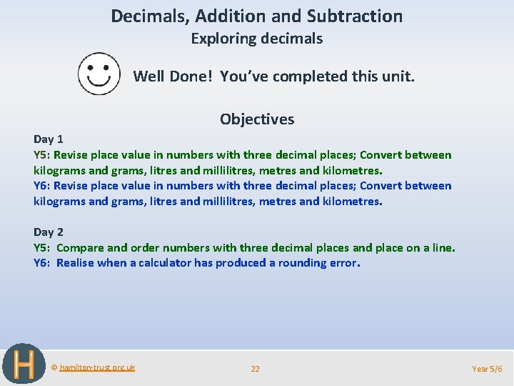 Decimals, Addition and Subtraction Exploring decimals Well Done! You’ve completed this unit. Objectives Day