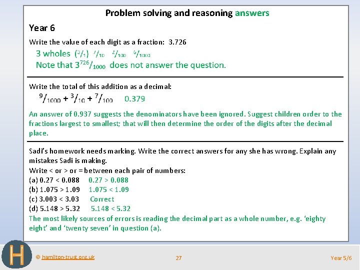 Problem solving and reasoning answers Year 6 Write the value of each digit as