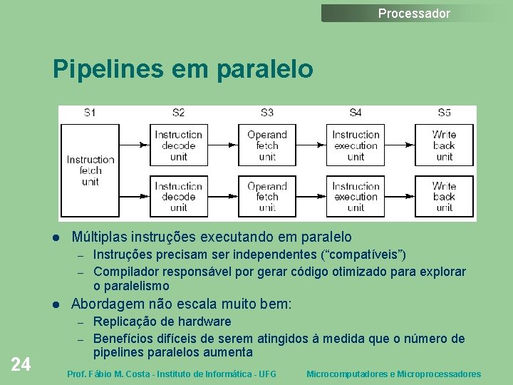 Processador Pipelines em paralelo Múltiplas instruções executando em paralelo – – Abordagem não escala