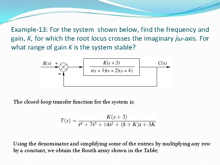 Example-13: For the system shown below, find the frequency and gain, K, for which