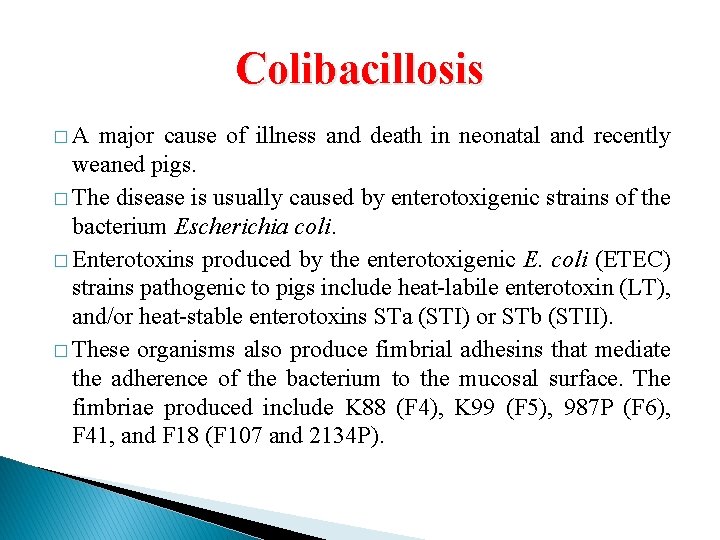 Colibacillosis �A major cause of illness and death in neonatal and recently weaned pigs.