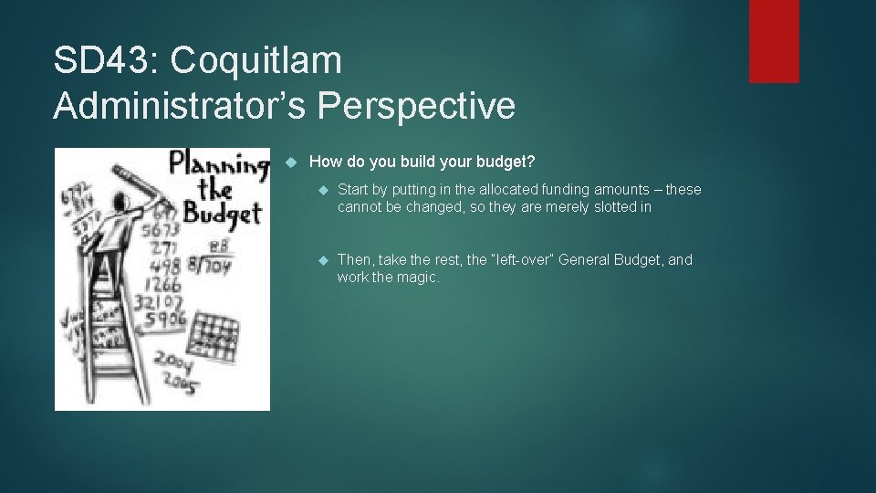 SD 43: Coquitlam Administrator’s Perspective How do you build your budget? Start by putting