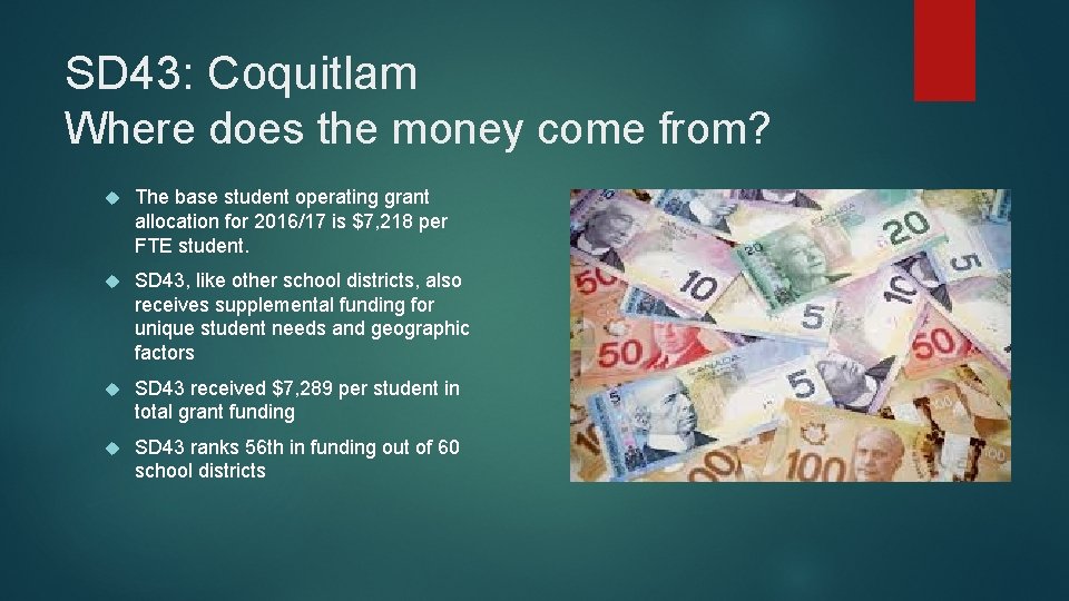 SD 43: Coquitlam Where does the money come from? The base student operating grant