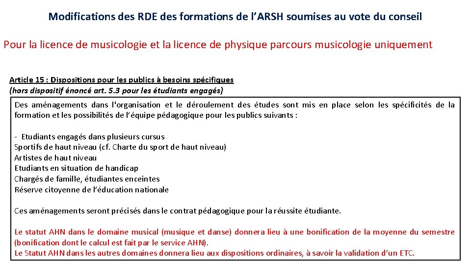 Modifications des RDE des formations de l’ARSH soumises au vote du conseil Pour la