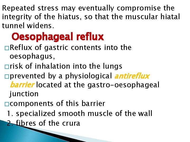 Repeated stress may eventually compromise the integrity of the hiatus, so that the muscular