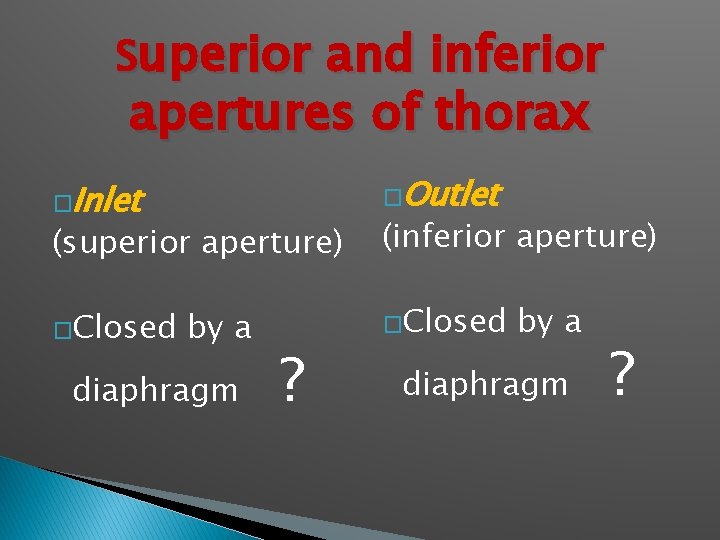 Superior and inferior apertures of thorax �Inlet (superior aperture) �Closed by a diaphragm ?