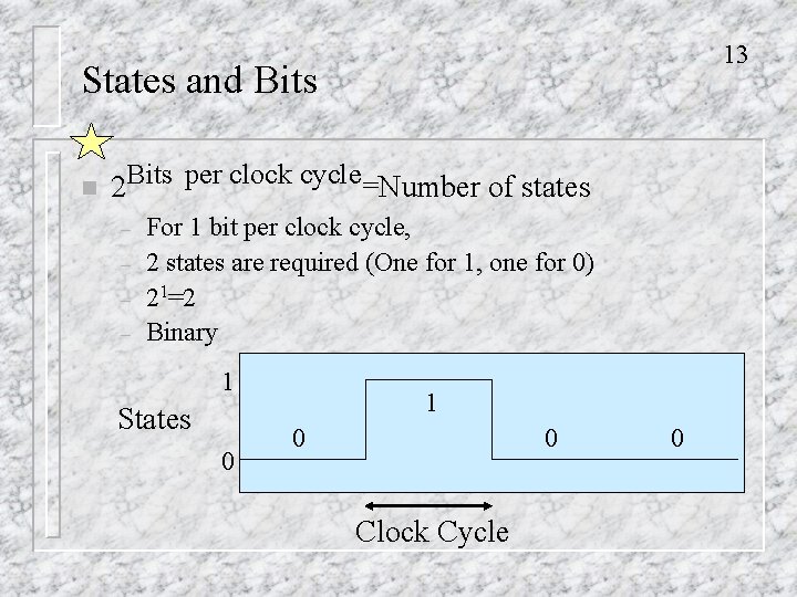 13 States and Bits n 2 Bits per clock cycle=Number of states – –