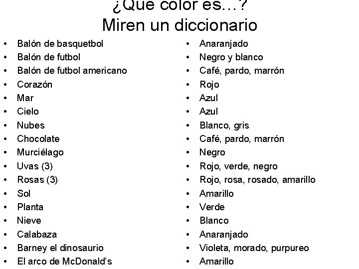 ¿Qué color es…? Miren un diccionario • • • • • Balón de basquetbol