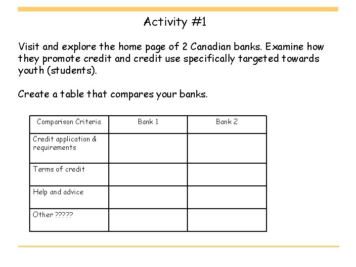 Activity #1 Visit and explore the home page of 2 Canadian banks. Examine how