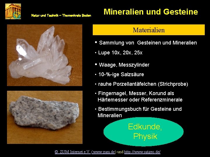 Mineralien und Gestein Natur und Technik – Themenkreis Boden Mineralien und Gesteine Materialien •